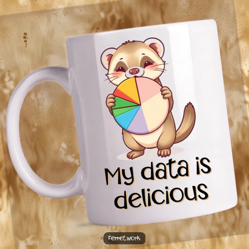Funny mug with a cheerful ferret enthusiastically presenting a colorful pie chart, symbolizing data-driven humor and office fun.