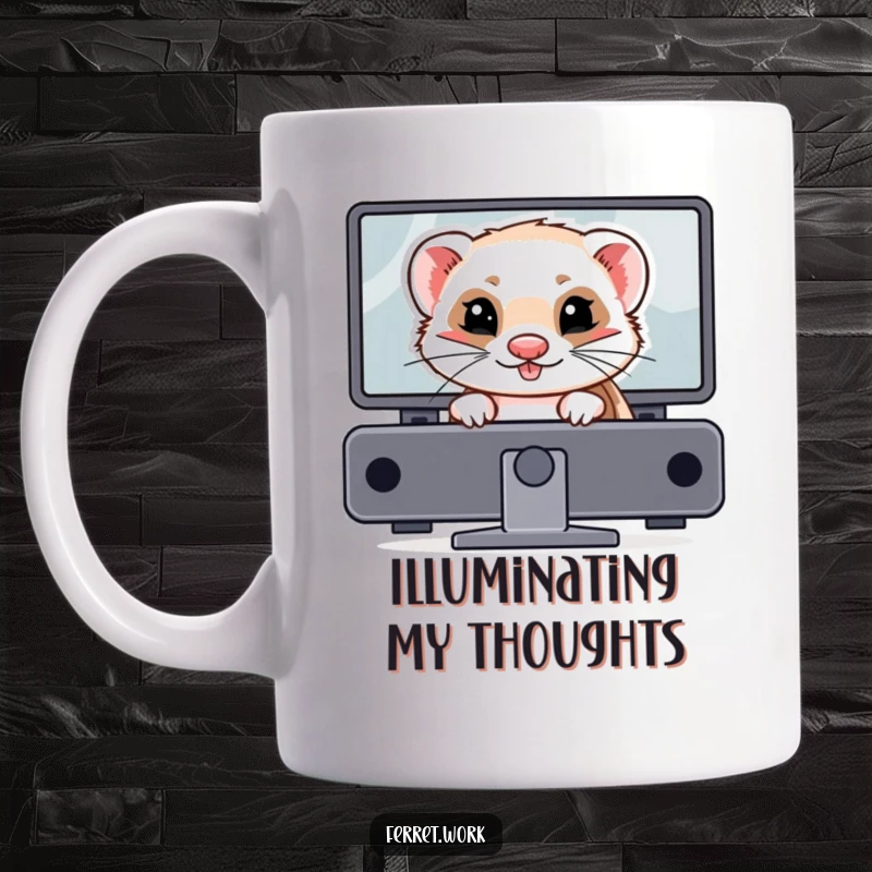 Funny ferret mug showing a mischievous ferret peeking out and hiding behind a computer monitor. Desktop prankster.