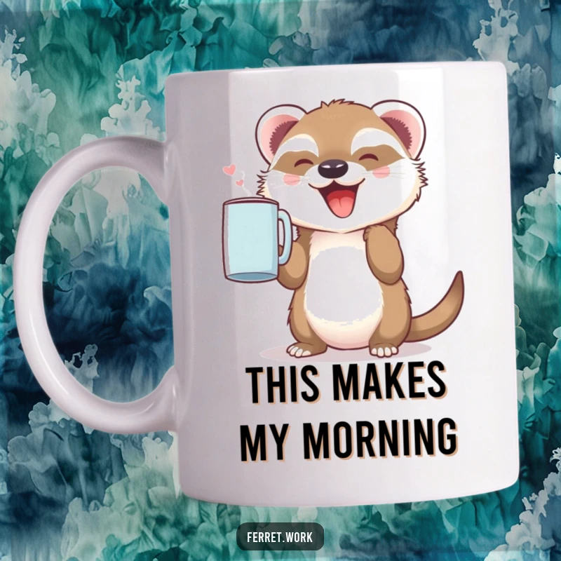Cute little ferret joyfully holding up a steaming coffee mug, celebrating the morning ritual. Adorable and funny.