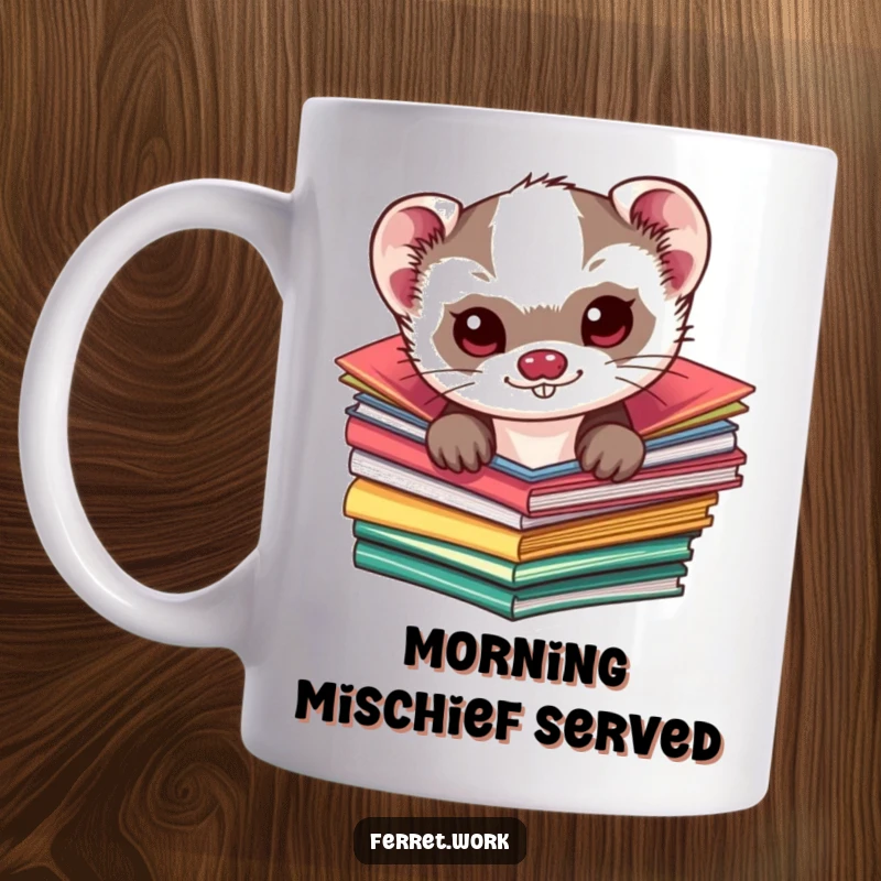 Funny kawaii ferret mug, a cute ferret with a mischievous glint, peeking from a stack of colorful folders.