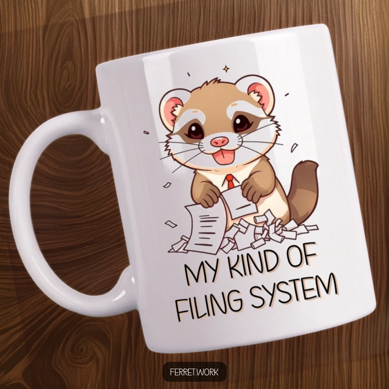 Funny kawaii office ferret gleefully shredding a mountain of documents with a mischievous grin, perfect for a humorous gift.