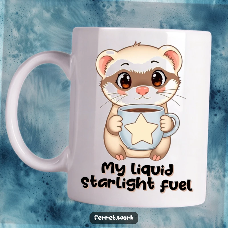 Funny Ferret Mug featuring a curious ferret with large eyes, happily clutching a steaming, star-shaped coffee mug, perfect for cozy mornings.