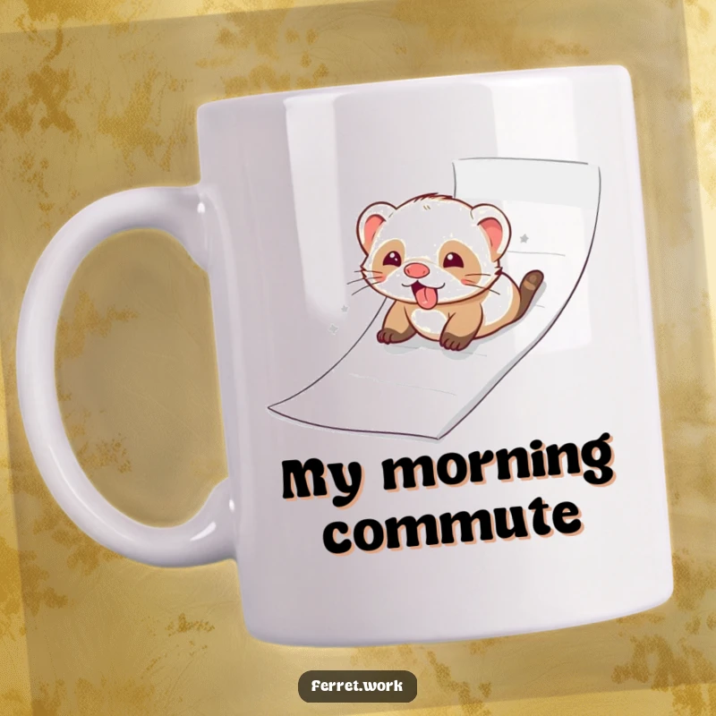A ferret joyfully sliding down a tall ream of paper like a playground slide, on a coffee mug.