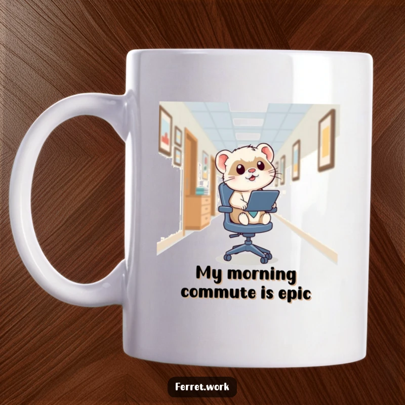 Funny kawaii office ferret zooming down a hallway on a squeaky swivel chair, expressing pure exhilaration and office chaos.