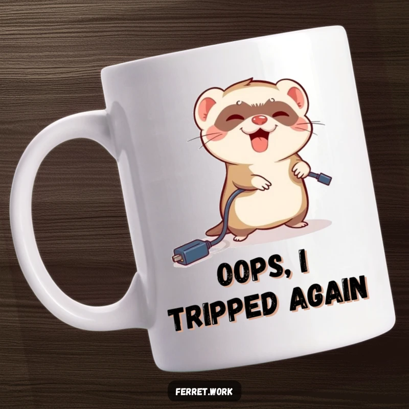 Funny ferret mug depicting a ferret comically tripping over a dangling electrical power cord, disaster humor.
