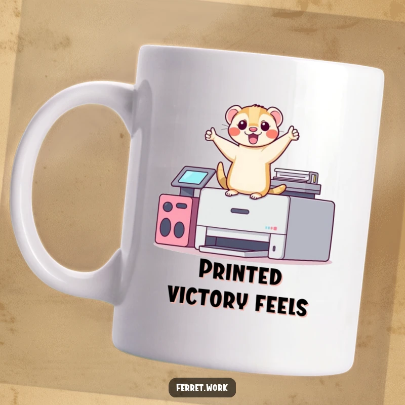 Funny kawaii office ferret doing a silly, energetic victory dance on top of an office printer, expressing pure joy and accomplishment.