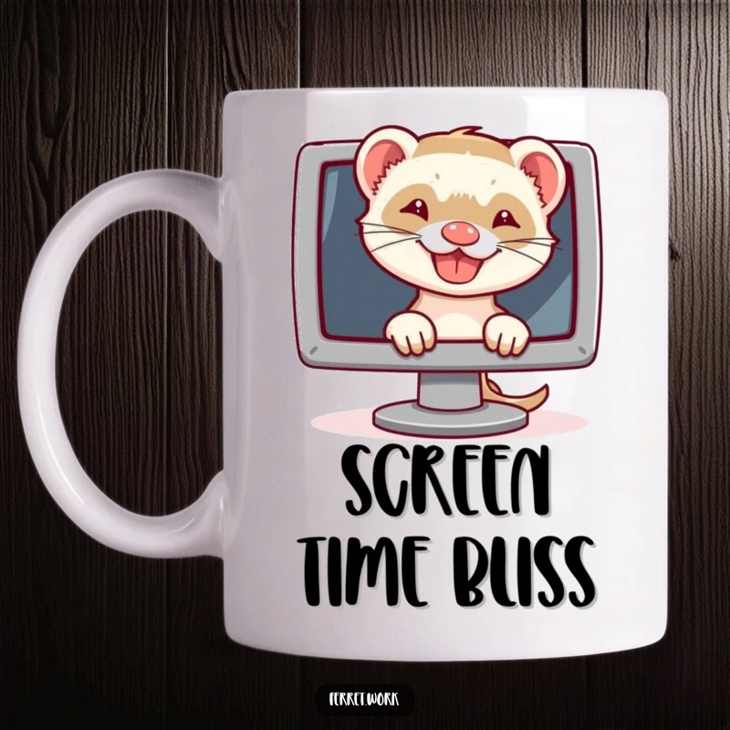 Funny mug with a ferret peeking from behind a computer monitor, sporting a cheeky grin and tech-savvy humor.