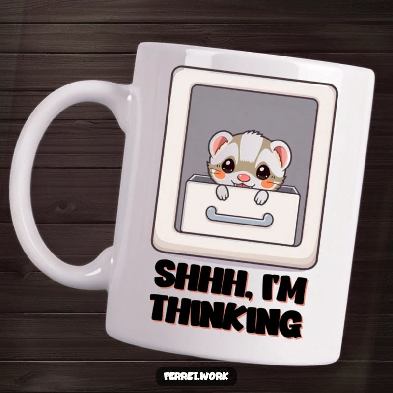 Funny kawaii office ferret mischievously hiding in a file cabinet drawer, peeking out on a mug.