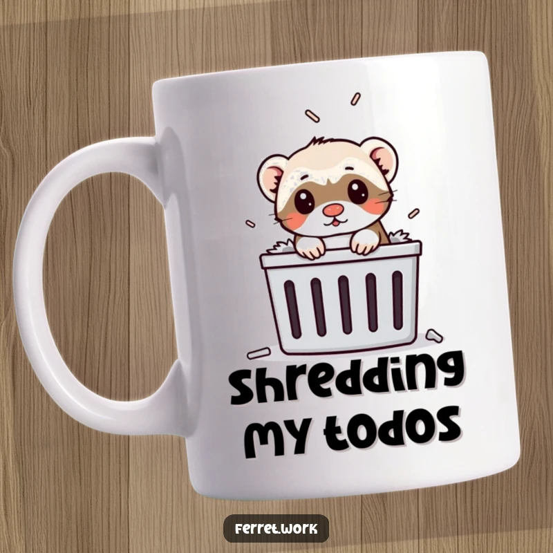 Funny ferret popping its head out of a paper shredder on a mug, symbolizing office chaos and humor.