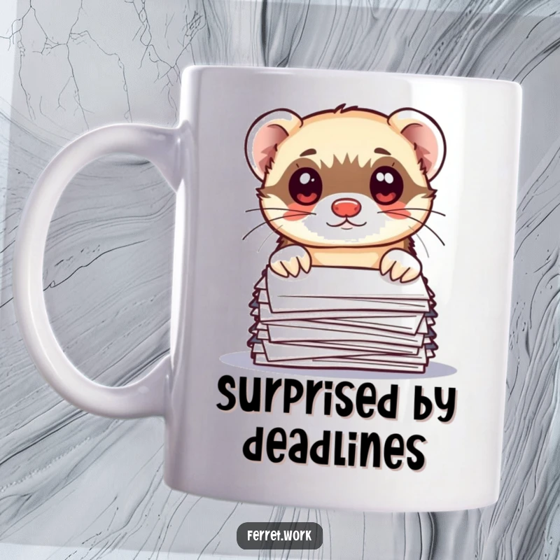 Funny kawaii office ferret peeking over a messy stack of papers with huge, wide eyes, on a humorous mug.
