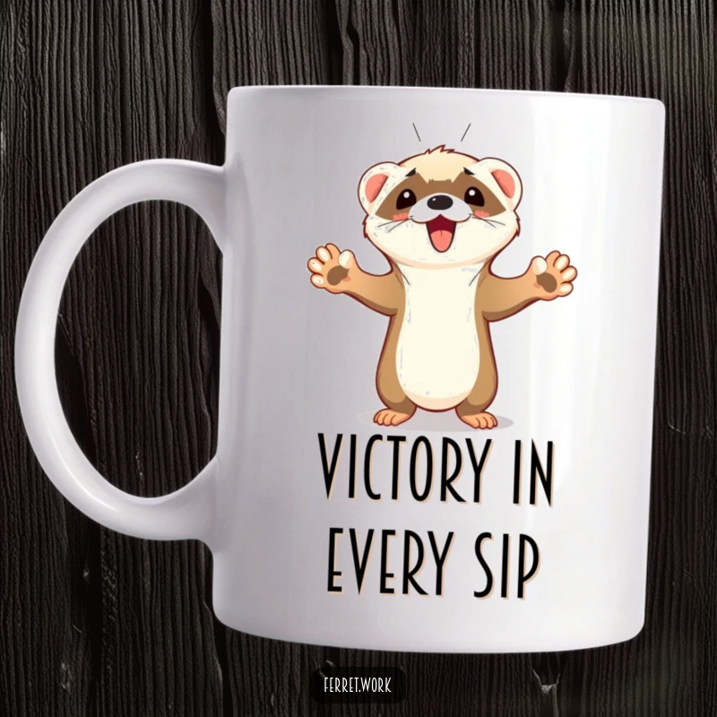 Funny Ferret Mug showing a cute ferret with all paws raised, celebrating a win with a triumphant squeak, embodying pure joy.