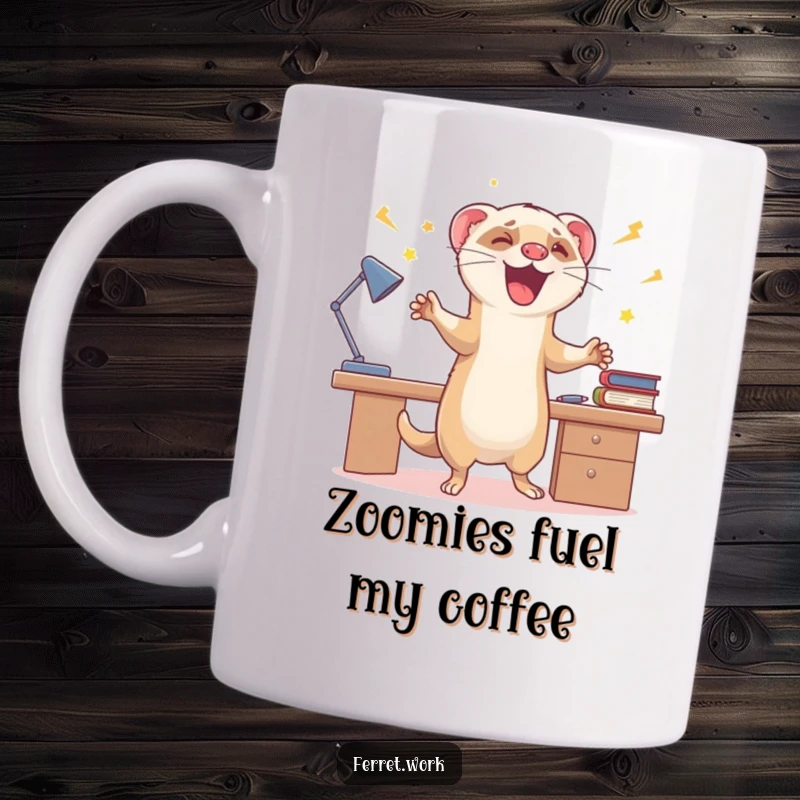Funny mug depicting an ecstatic ferret doing rapid zoomies around a desk, celebrating with pure, chaotic joy.