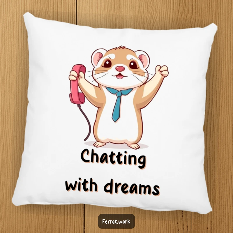 Funny triumphant kawaii office ferret holding a phone cord, a soft and humorous pillow for ultimate comfort.