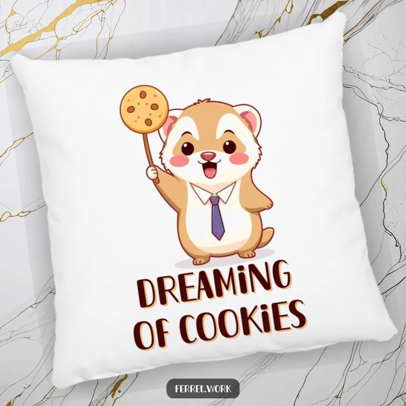 Funny kawaii office ferret triumphantly holding up a single, delicious cookie, on a soft pillow.