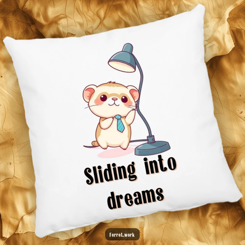 Funny kawaii office ferret wearing a tiny tie, sliding down a desk lamp cord, on a soft pillow.