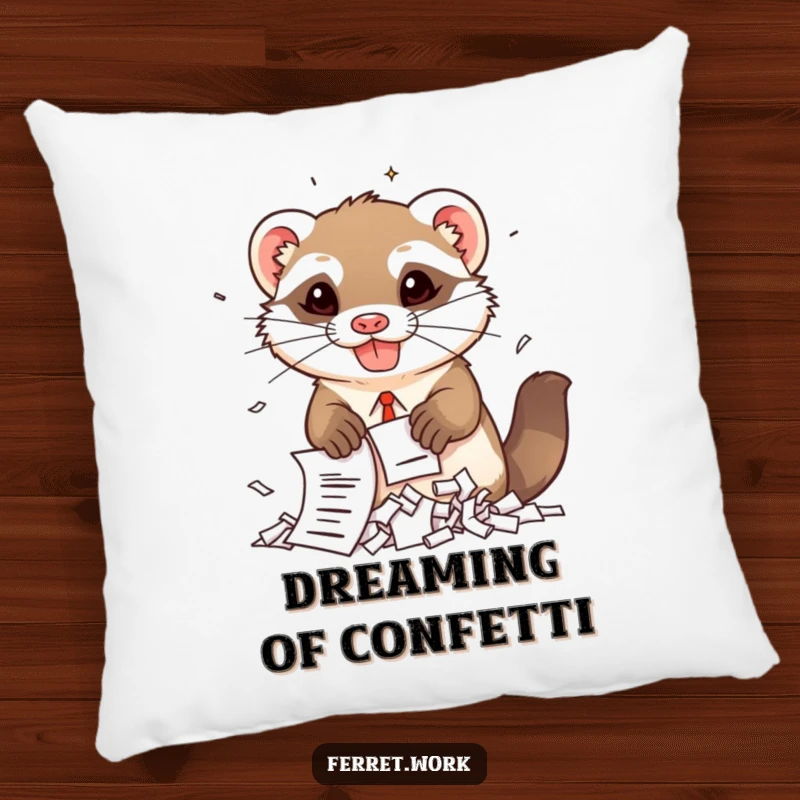 Funny kawaii office ferret gleefully shredding documents with a mischievous grin, adorning a soft and comfy pillow.