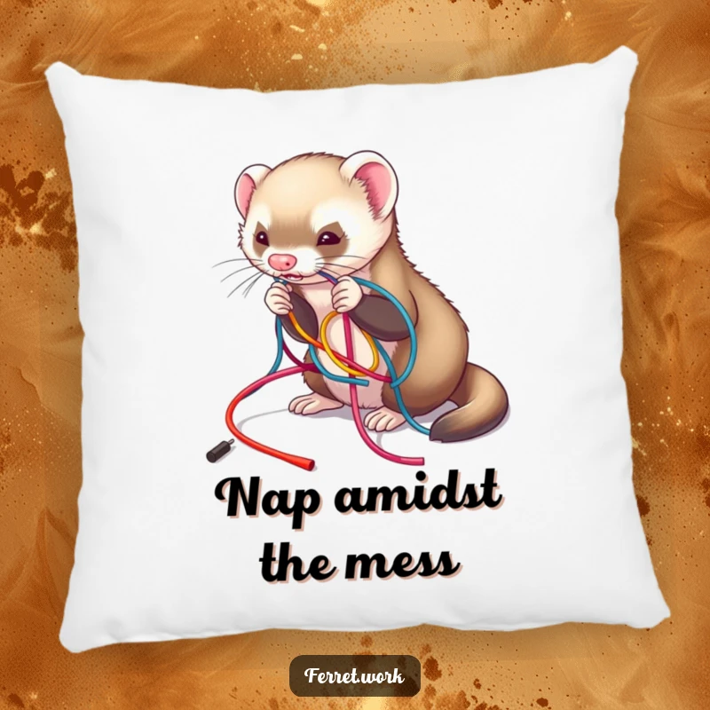 Funny decorative pillow featuring a ferret playfully untangling a colorful mess of wires, perfect for adding a touch of chaos, funny gift.