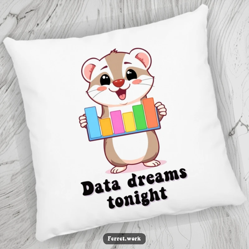 Funny kawaii ferret character enthusiastically presenting a colorful bar graph on a soft pillow for comfort and decor.