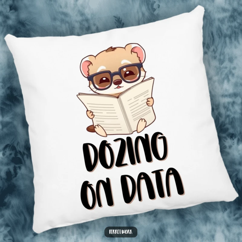 Funny pillow depicting a ferret wearing glasses, looking amused while immersed in a large document, perfect for cozying up.