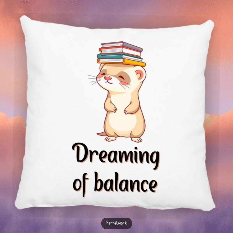 Funny ferret pillow featuring a ferret balancing a precarious stack of files on its head. Comfy office decor.