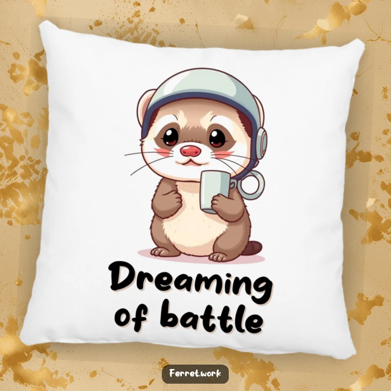 Funny kawaii office ferret wearing a coffee mug as a tiny helmet, looking ready, on a soft pillow.