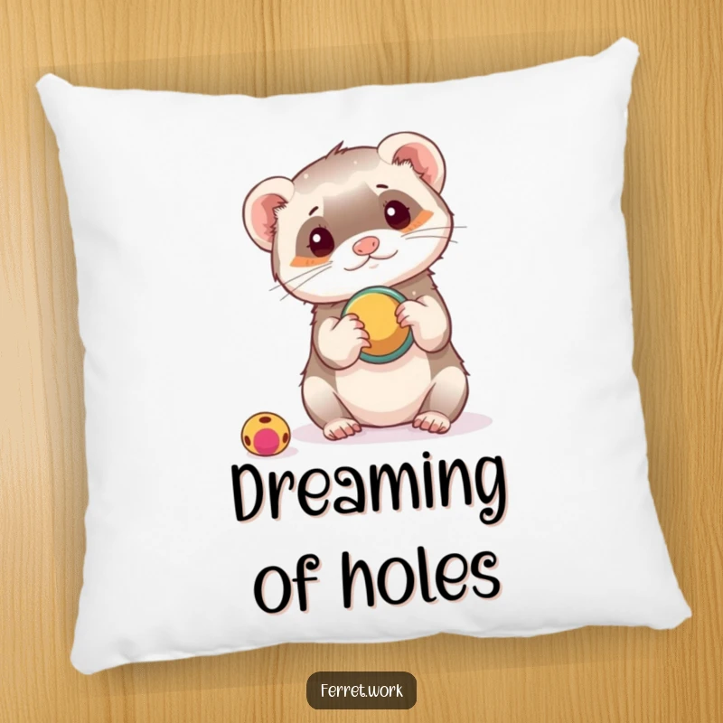 Funny pillow depicting a ferret playfully interacting with a hole punch as a toy, a humorous and cozy addition.