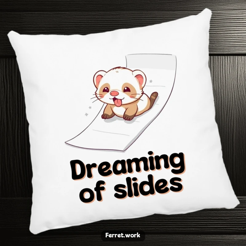 Ferret joyfully sliding down a ream of paper like a slide, featured on a soft and decorative pillow.