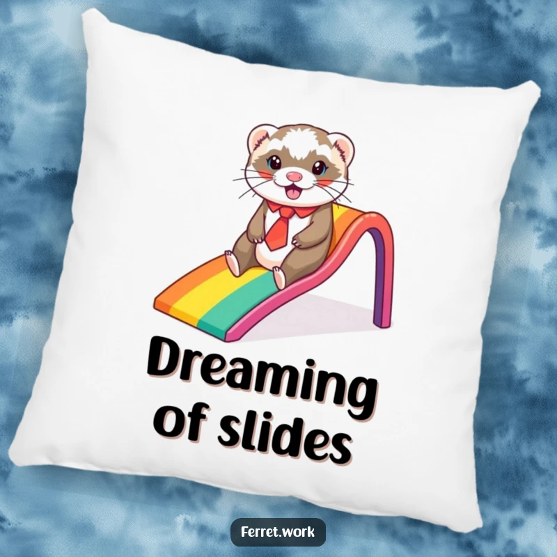 Funny ferret pillow, a ferret in a tie sliding down a rainbow office slide, offering cozy comfort and whimsical humor.