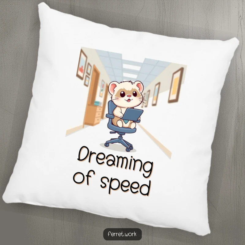 Funny kawaii office ferret zooming energetically down an office hallway on a squeaky swivel chair, a humorous plush accent.