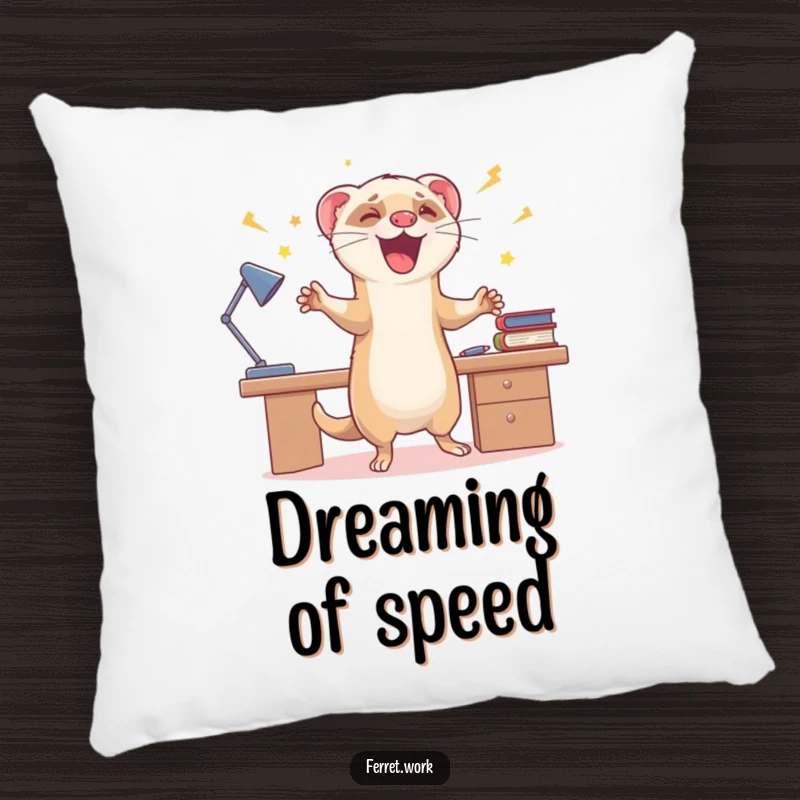 Funny pillow depicting an energetic ferret doing zoomies around a desk, offering comfort and a dose of celebratory fun.