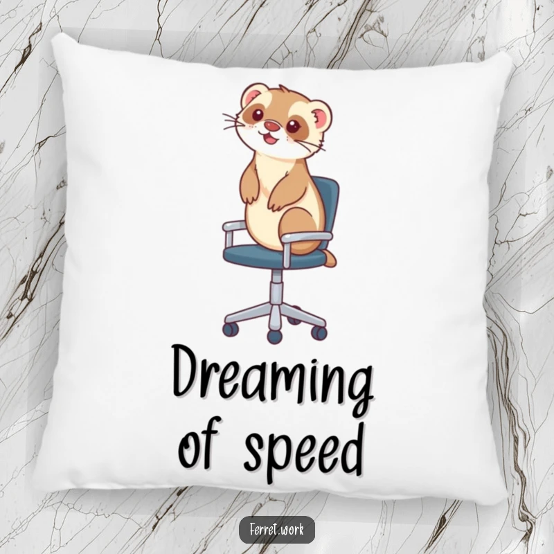 Funny pillow depicting a ferret happily cruising on an office chair, a humorous and cozy addition to any room.