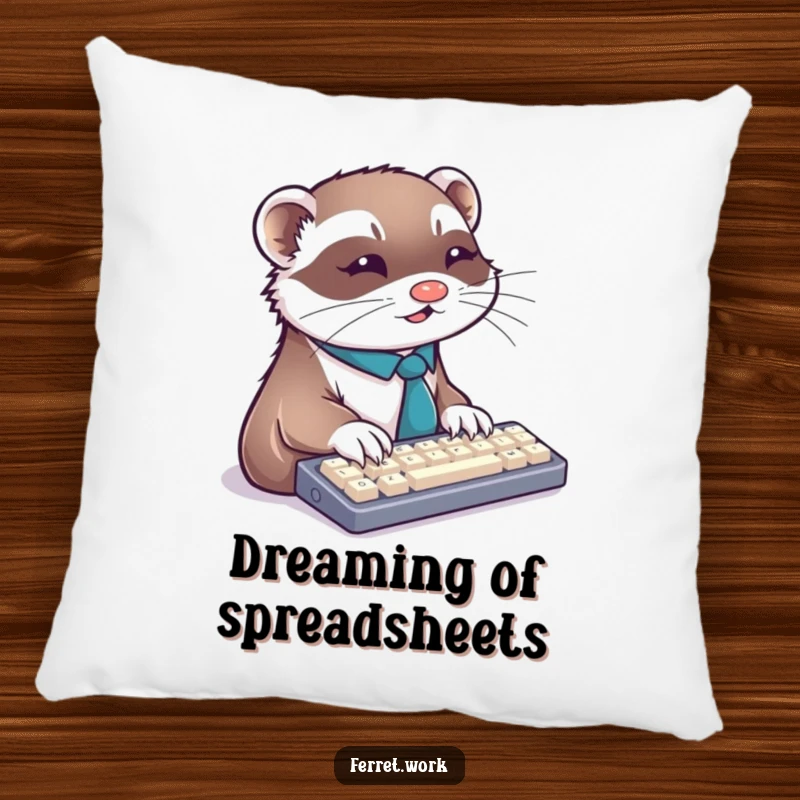 Funny ferret pillow showing a ferret in a tie typing on a keyboard, perfect for adding comfort and humor.