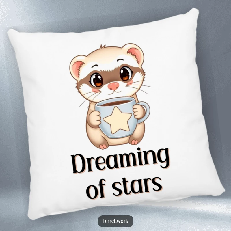 Funny Ferret Pillow with a curious, big-eyed ferret holding a star-shaped coffee mug, offering comfort and a touch of humor.
