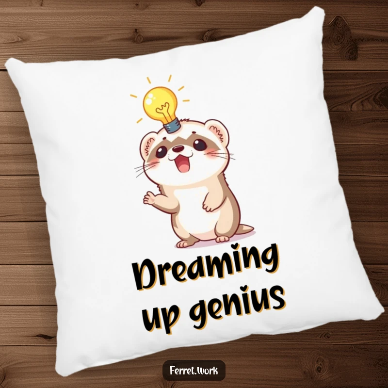Funny pillow showing an excited ferret with a brightly illuminated lightbulb above its head, symbolizing a great idea.