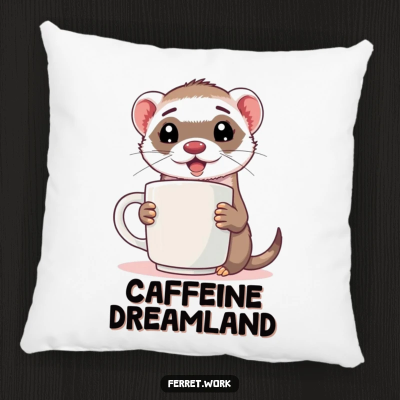 Funny ferret pillow with an energized ferret holding a comically large coffee mug, cozy and humorous.