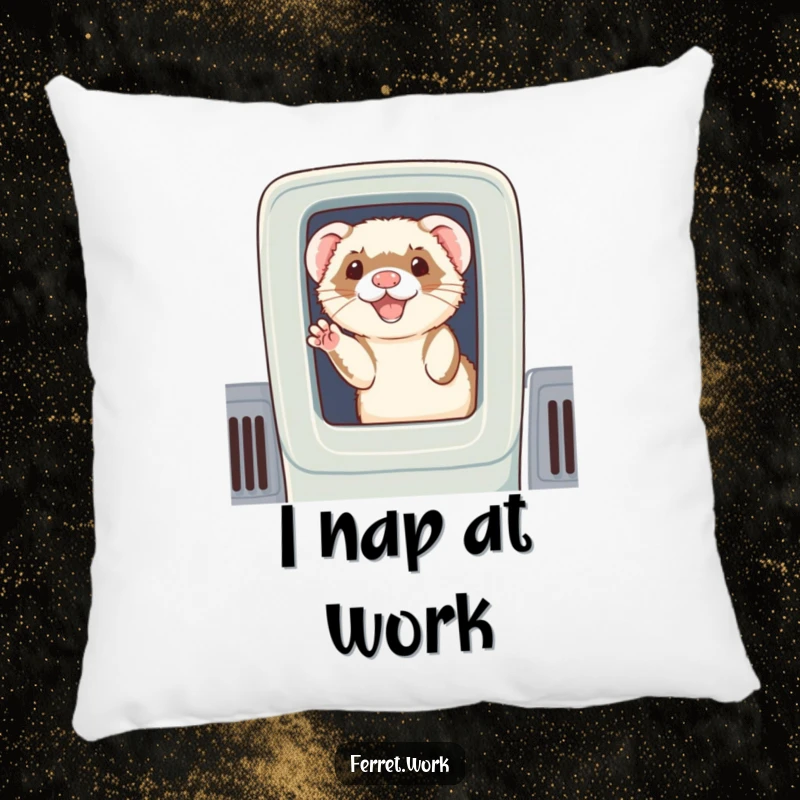 Funny pillow: A sweet ferret peeking over a cubicle edge, giving a cheerful and welcoming wave.