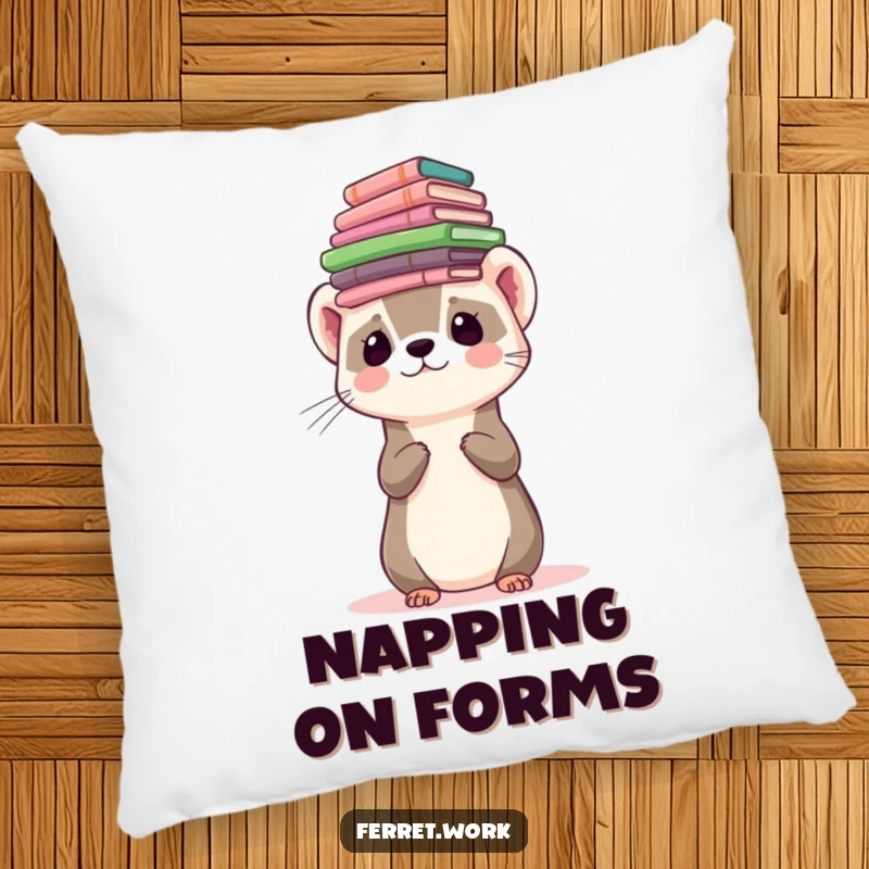 Funny ferret character balancing a stack of forms on its head on a pillow, offering comfort and humor.