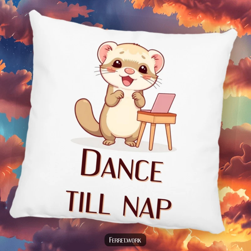 Funny pillow displaying a ferret doing a happy dance at a small desk, bringing energetic humor and comfort.