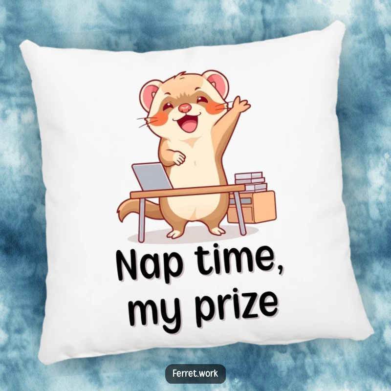 Funny ferret mid-happy dance at a small, charming desk, offering a soft and humorous accent pillow for any space.