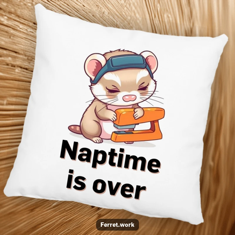 Ferret wearing a headlamp, curiously sniffing a stapler, featured on a soft and decorative pillow.