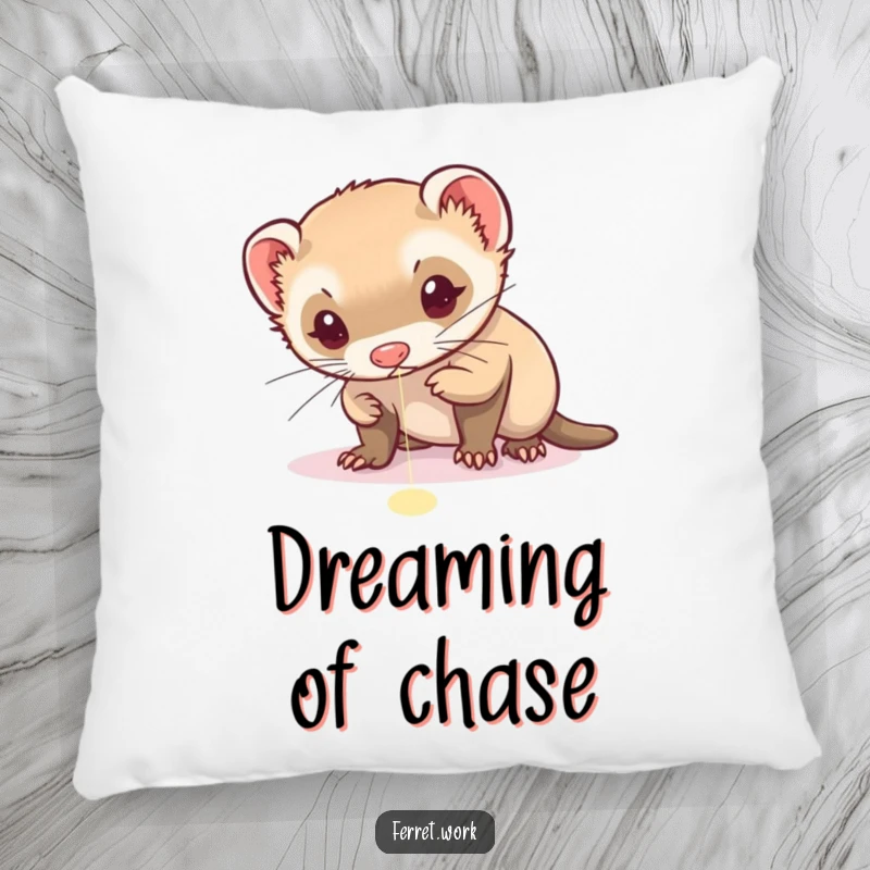 Funny pillow showing a ferret with extreme focus, energetically chasing a small, bright laser pointer dot.