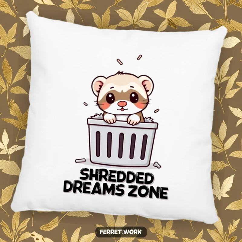 Funny ferret popping its head out of a paper shredder on a pillow, providing comfort and humor.
