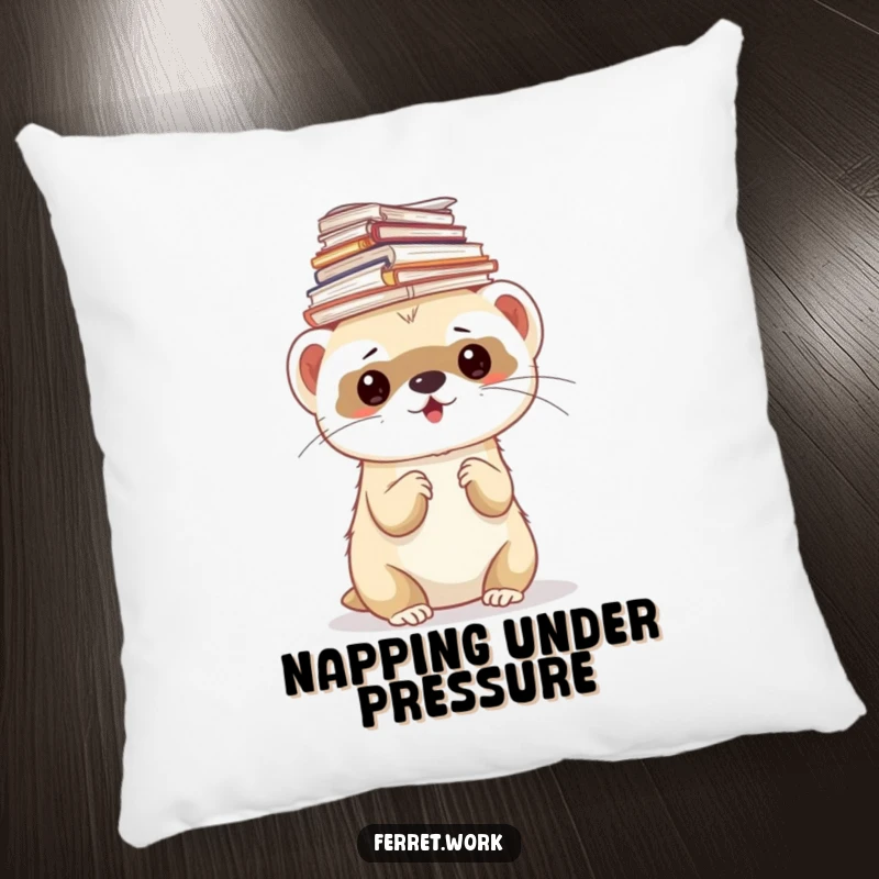 Funny ferret pillow showing a ferret balancing a stack of papers on its head, perfect for comfort and humor.