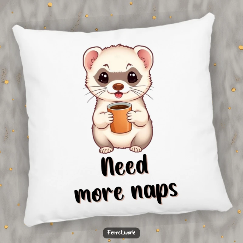 Funny decorative pillow featuring a cute, energetic ferret holding a tiny coffee cup, perfect for adding a smile.