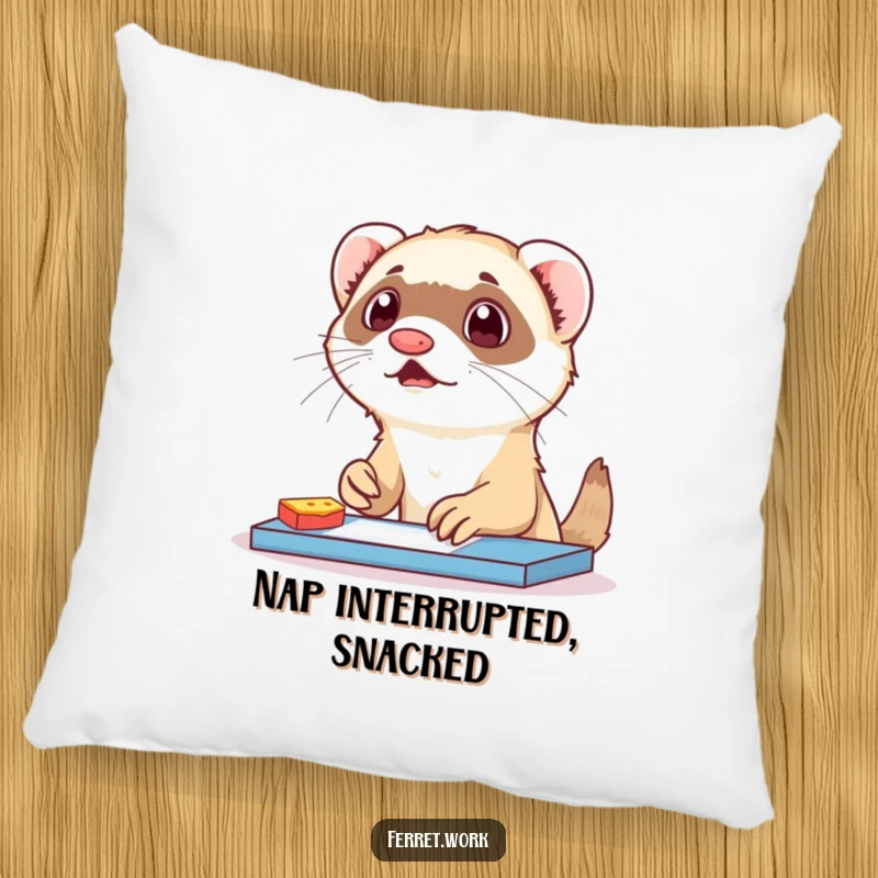 Funny ferret pillow featuring a surprised ferret caught snack-handed at a desk. A comfy, humorous accent.