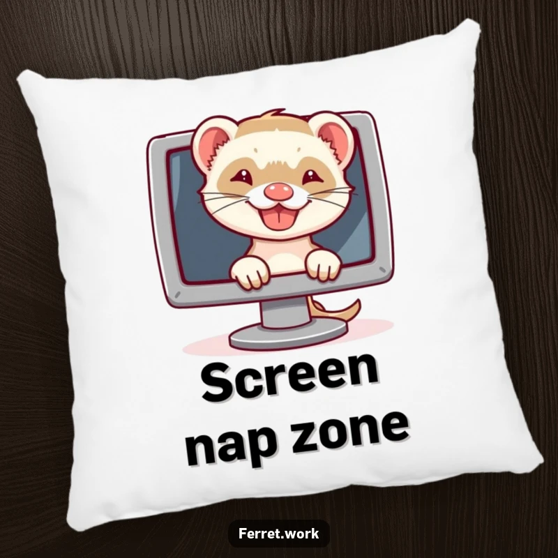 Funny pillow displaying a ferret with a cheeky grin behind a computer monitor, bringing tech humor and comfort.