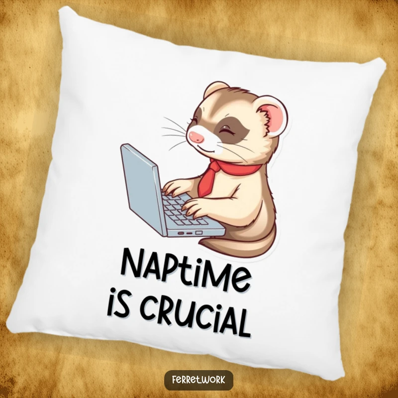 Cute ferret in a tie, typing enthusiastically on a laptop, featured on a soft and decorative pillow.