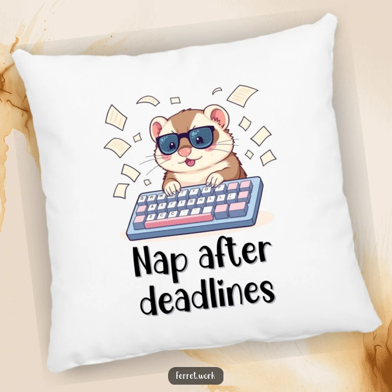 Funny ferret pillow, a busy ferret typing furiously on a large keyboard with papers scattered, offering comfort and humorous office vibes.