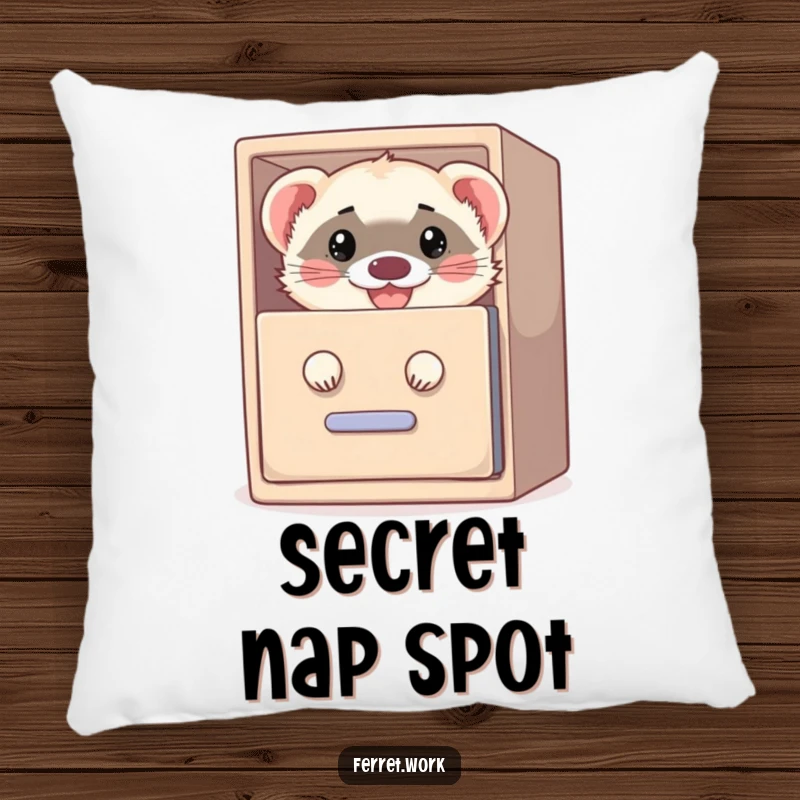 Funny pillow depicting a grinning ferret peeking from a filing cabinet, offering comfort and a touch of office-themed amusement.