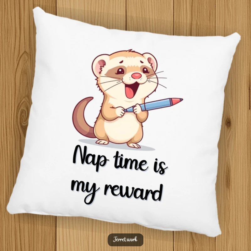 Funny pillow: A charming ferret in the act of juggling office supplies, bringing a smile and comfort.